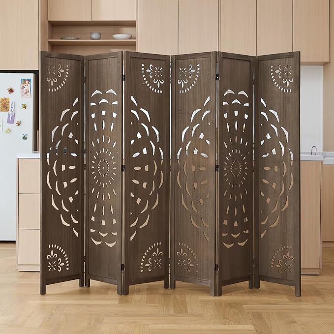 66.9Inch Wooden Room Partition - 6 Panels Boho-Styled Space Room Divider for Home/Office, Headboard & Yoga/Photo/Video Call Backdrop (Brown)