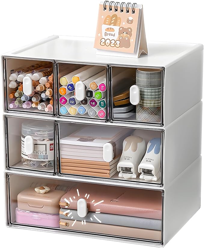 OSteed Desktop Drawers, Desk Organizer with 6 Drawers & Upright Handles, Stackable Craft Storage Box for Home Collection, Cosmetics, Office Supplies (3 Tiers, White & Clear)