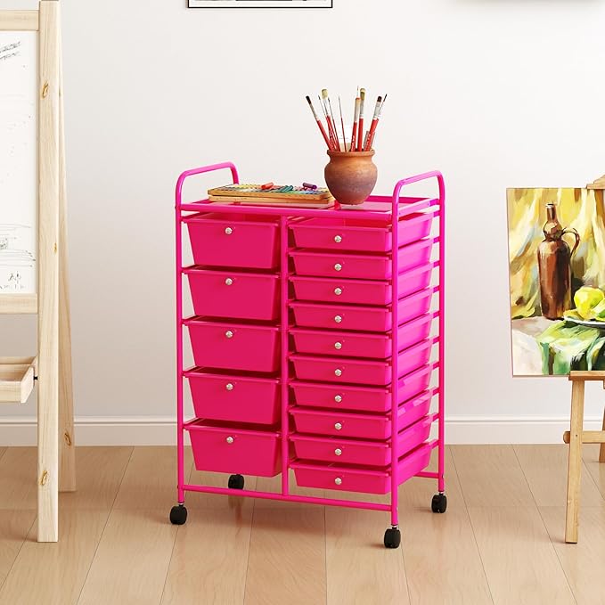 HAPPYGRILL 15-Drawer Rolling Cart, Storage Carts with Removable Drawers & Steel Frame, Utility Cart on Lockable Wheels for Home, School, Office (Hot Pink)