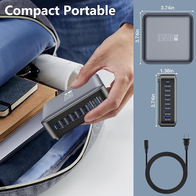 350W USB Fast Charging Station, 8 Port USB C Multi Port Charger Block with PD 100W Fast Charging Station for Multiple Devices, USB Charger Block Compatible iPhone, Android Cell Phone, Tablet, iPad