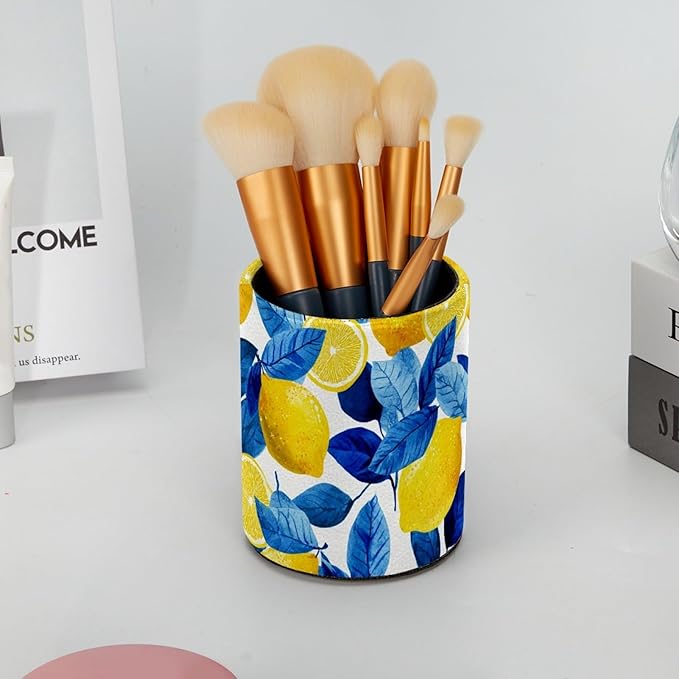 Leather Pen Holder for Desk Lemons Blue Leaves Pattern Pencil Cup Desktop Organizer Makeup Brush Holders Office Supplies for Home, Kids & School