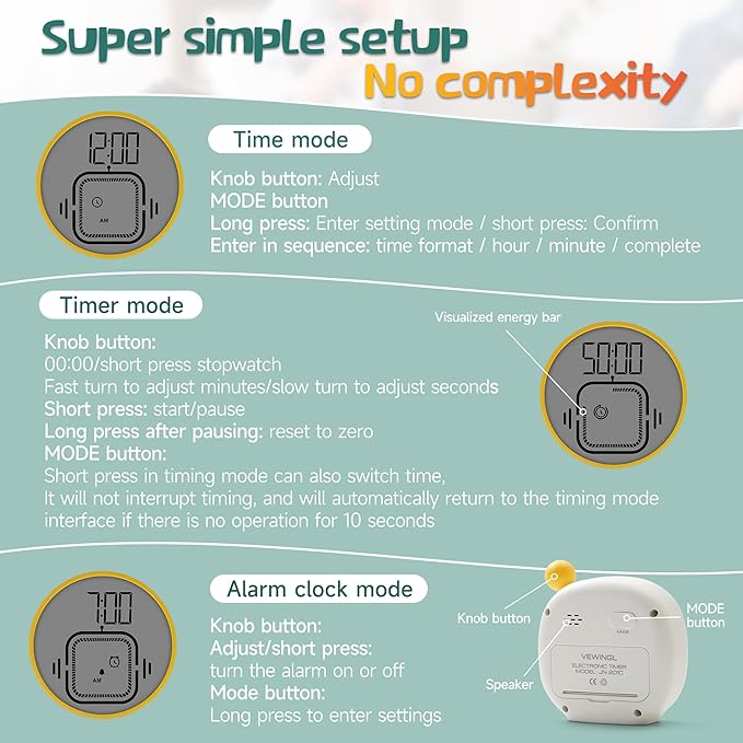 VEWINGL Productivity Timer & Clock with Alarm, Adjustable Desktop Timer for Autism, ADHD, Time Management, Ideal for Work, Study, Tasks, and Kitchen (Yellow)