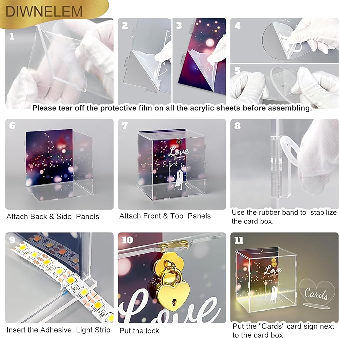DIWNELEM Wedding Card Box with Lock&Light Large Letter Envelope Box Wedding Gift Card Box Money Box for Reception Baby Shower Birthday Party Graduation Decorations