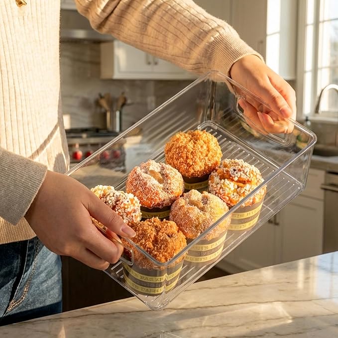 Hudgan Clear Storage Bins 8 Packs for Refrigerator, 4 Large Stackable Pantry Organizer Bins and 4 Medium Storage Plastic Containers for Home Edit, Kitchen, Freezer, Bathroom, Drawers, Shelves