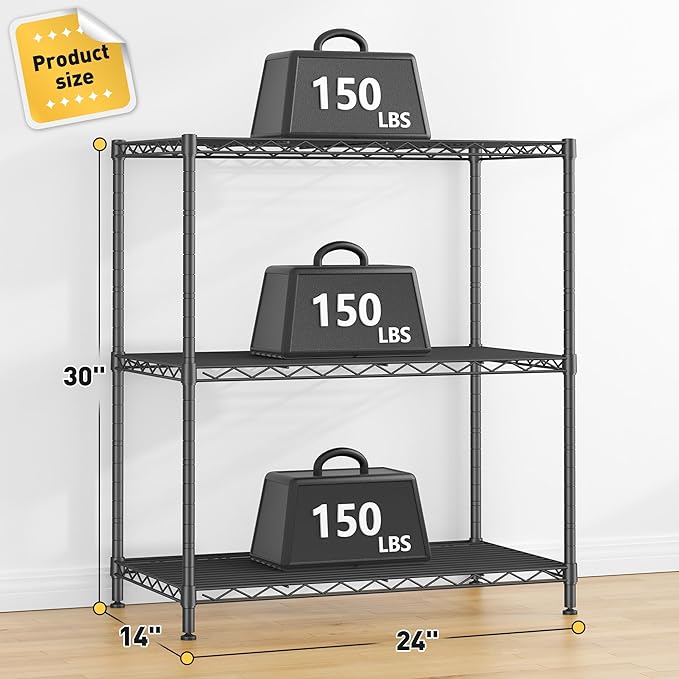 3 Tier Storage Shelves Metal Shelving Unit,Adjustable Wire Rack Pantry Kitchen Shelves,Small Shelf Wire Shelving for Laundry Office Bedroom Dorm Bathroom Closet 24" W x 30" H x 14" D Black Shelves