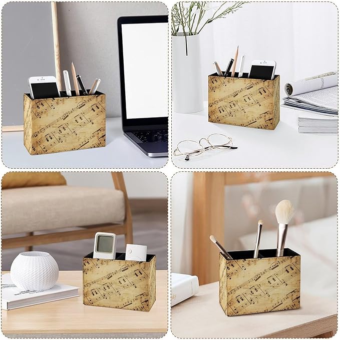 Famame Retro Piano Music Score Pencil Holder for Desk, Leather Desktop Container Pen Cup Storage Study Table Pen Organizer Makeup Brushes Holder for Office Home