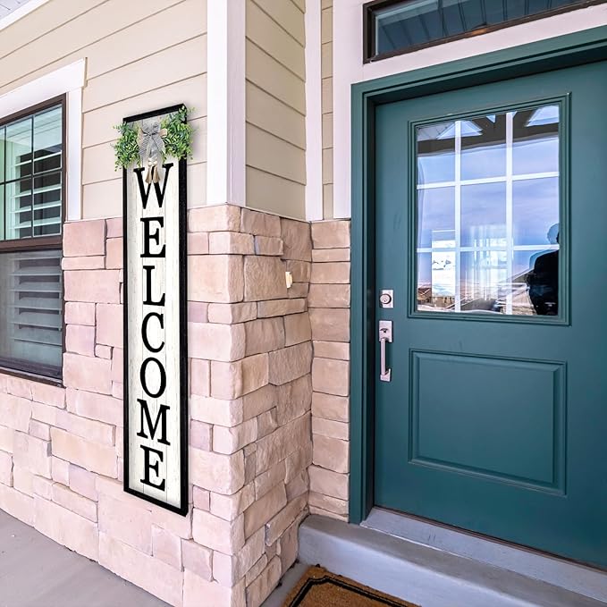 LuZhiQiang Front Porch for Welcome Standing Sign 45"X9" Vertical Tall Long Leaner Outdoor Front Door Wood Framed Decor (Black)