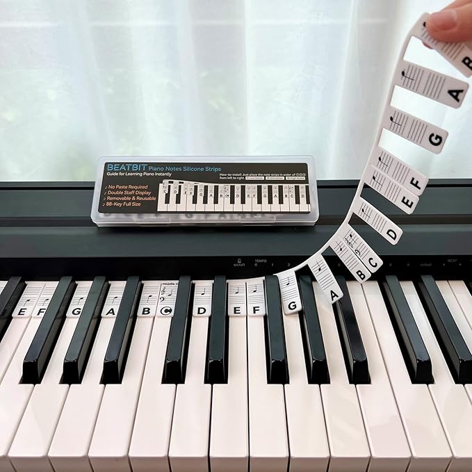 BEATBIT Piano Notes Guide for Beginner, Removable Piano Keyboard Note Labels for Learning, 88-Key Full Size, Made of Silicone, No Need Stickers, Reusable and Comes with Box (Classic BlackοΌ