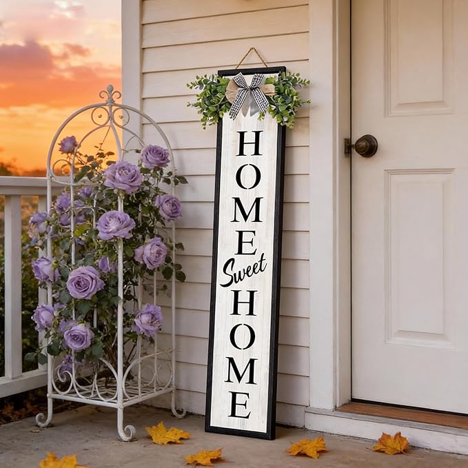 Double-sided Welcome Wooden Sign Stand with Magnetic-adhesive Wreath for Front Door, 47" Vertical Farmhouse Home Sweet Home Porch Sign, 2in1 Large Tall Porch Leaner Decor for Outdoor Patio Garden
