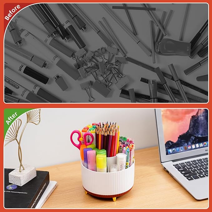 Marbrasse Desk Organizer, 360-Degree Rotating Pen Holder, Desk Organizers and Accessories with 5 Compartments Pencil Holder, Art Supply Storage Box Caddy for Office, Home (White+Red)