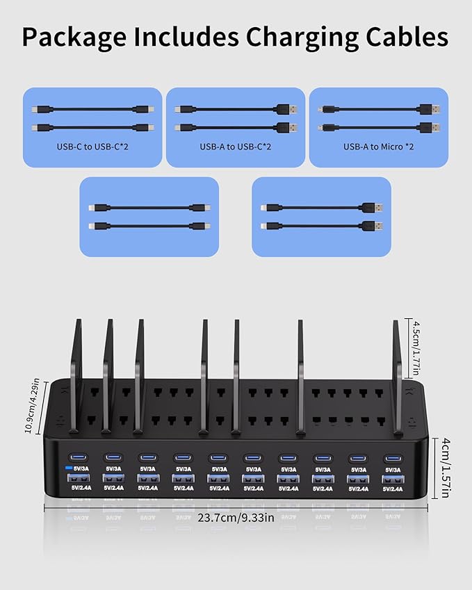 270W Charging Station for Multiple Devices, 20-Port USB Fast Charging Station with Adjustable Dividers & 10 Cables, Multi Device Organizer Charging Dock for iPhone, iPad, Tablets & More