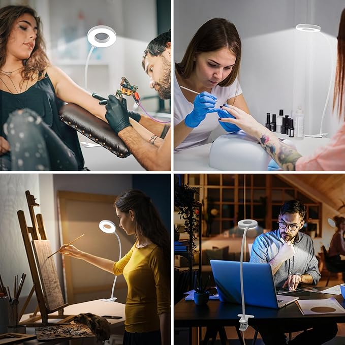 iZELL Book Light, Clip on Reading Light with Silicone Flexible Arm, Dimmable LED Lamparas Clamp on Workbench Desk for Studying Painting Crafting Drawing Makeup Nail Tech Puzzle Task - 27.6‘’ White