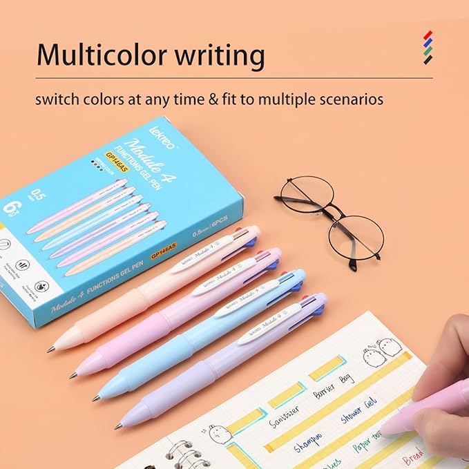 Lekreo Multi-color Ballpoint Pens, 4-in-1 Colored Pens 0.7 Medium Fine Point,Ballpoint Gift Pens for Planner Journaling,Assorted Ink, 6-Count