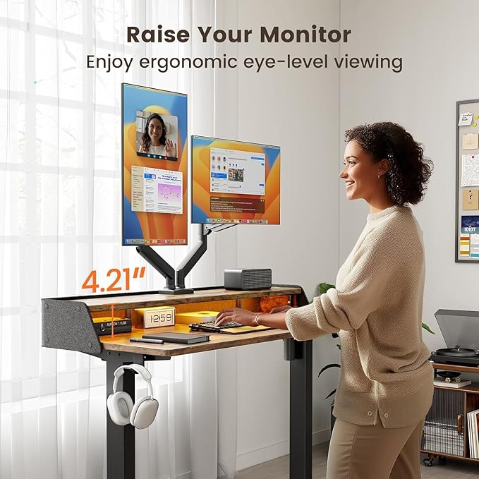 ErGear Standing Desk with LED Strip, 55″ x 28″ Electric Height Adjustable RGB Gaming Table with Shelf, Sit Stand Desk with Dual Cable Holes, C-Clamp Mount Compatible, 4 Preset Heights, Vintage Brown