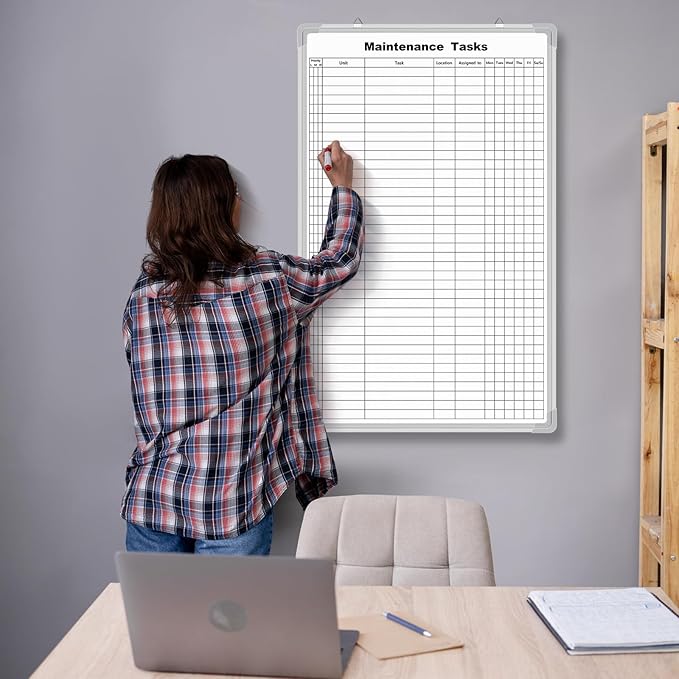 Lined Whiteboard Blank Grid Aluminum Frame Dry Erase Board Reusable Wall Mounted Board for Scheduling, to Do Lists Weekly Planning Home Work(36 x 24 Inch,Vertical Maintenance Tasks)