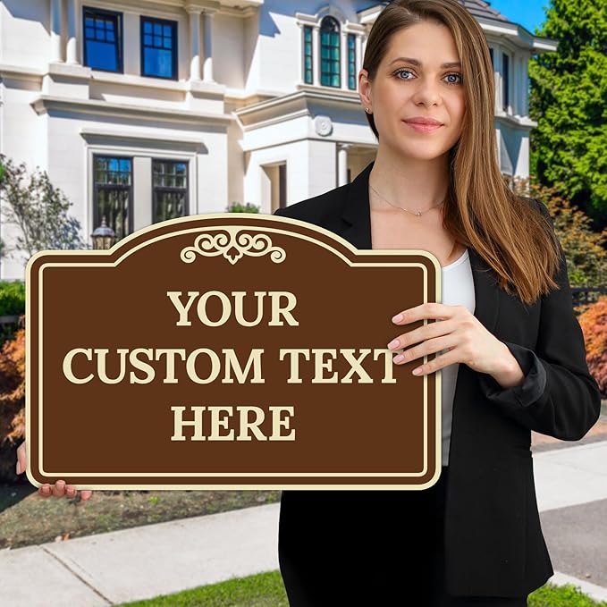 Custom Decorative Sign, Personalized Metal Sign for Business, Driveway, Home, Airbnb, Office Door Plaque, Brown Background 12x18 Inches, ACM, Fade Resistant, Made in USA by Sigo Signs