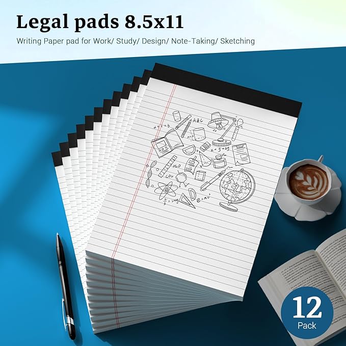 White Legal Pads 8.5 x 11 Notepads, 12 Pack Writing Paper Note Pads 8.5x11, Micro Perforated Wide Ruled Lined Writing Pads 30 Sheets for Home Office School Work, Legal Notepads Double-Side Printed Per Pad