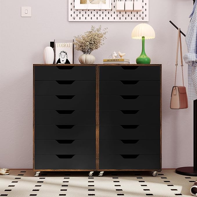 Giantex 7-Drawer Storage Cabinet, Mobile File Organizer with 4 Universal Casters, Wooden Vertical Filing Cabinet on Lockable Wheels for Office, Study, Living Room (19.5” x 16” x 34.5”,Brown+Black)