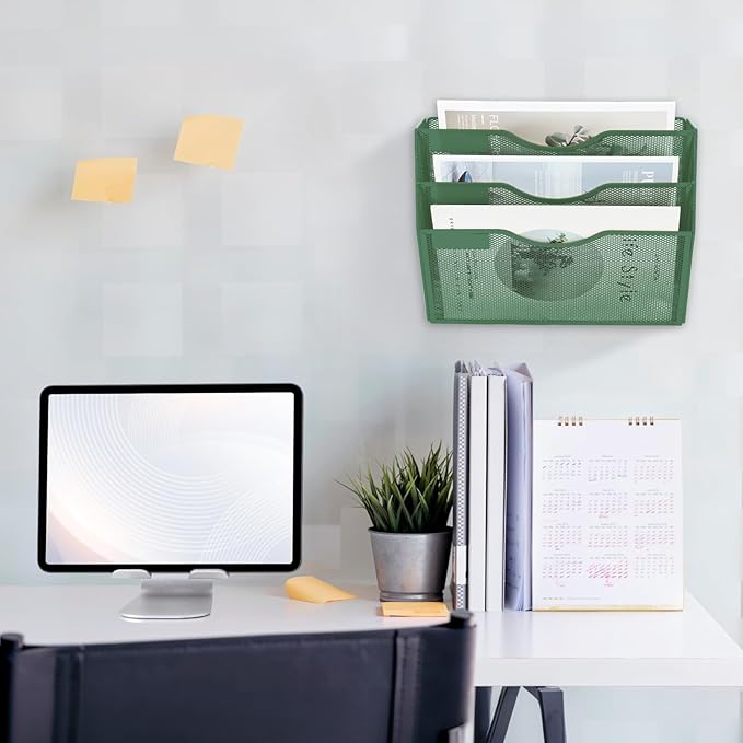 EASEPRES 3 Pocket Mesh Hanging Wall File Organizer, Wall Mounted Mail Paper Document Folder Holder, Clipboard Storage Organization Magazine Rack with Nametag Label for Office Home School, Dark Green