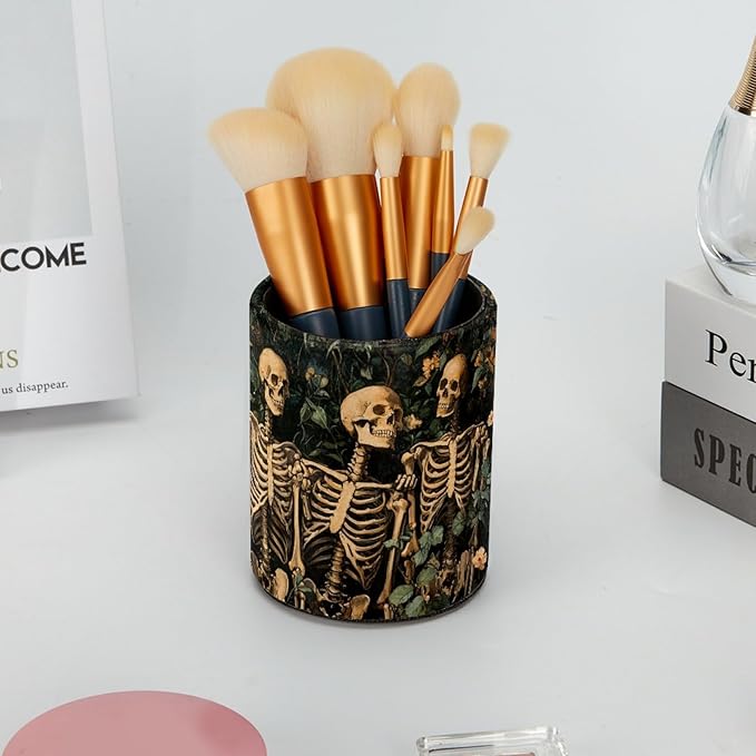 Leather Pen Holder for Desk, Skeleton Flower Pencil Cup Desktop Organizer Makeup Brush Holders Office Supplies for Home, Kids & School