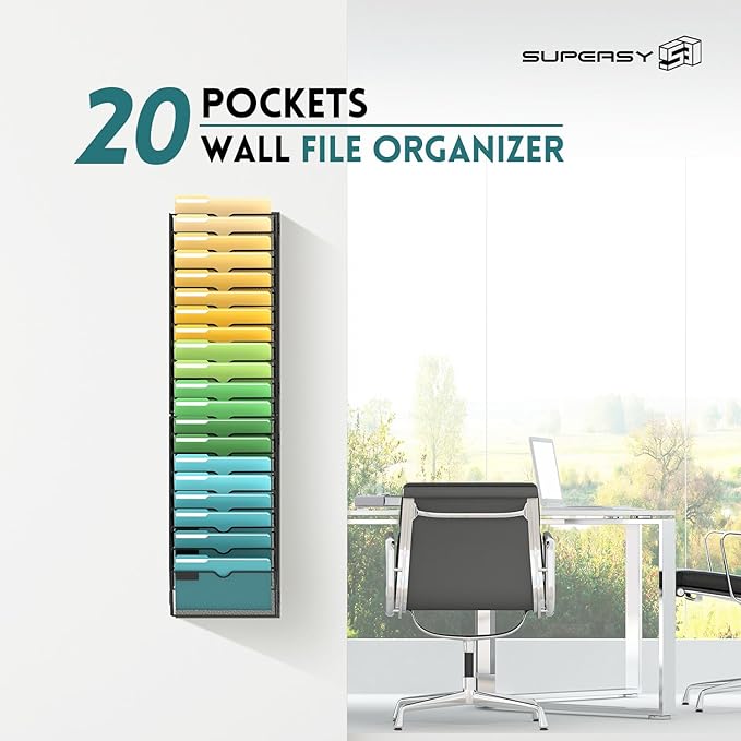 SUPEASY Wall File Organizer Mesh Office Mail Holder, Hanging Wall Organizer Magazine Rack for Office Black, 20 Tier
