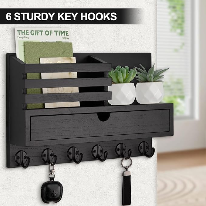 Lucundm Key Holder Wall Mount, Mail Holder with Storage Drawer and 6 Key Hooks for Coat, Dog Leash, Home Decor Rack, House Accessories, Entry Way Organizer