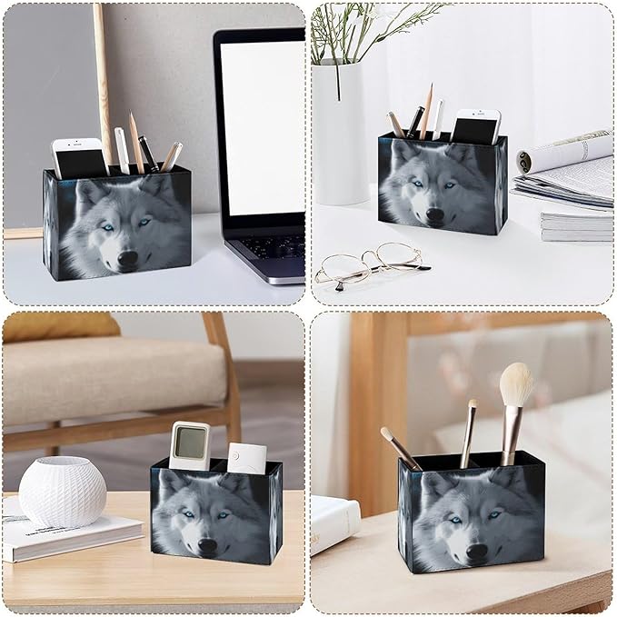 Famame White Wolf Blue Eyes Pencil Holder for Desk, Leather Desktop Container Pen Cup Storage Study Table Pen Organizer Makeup Brush Holder for Classroom Office Home