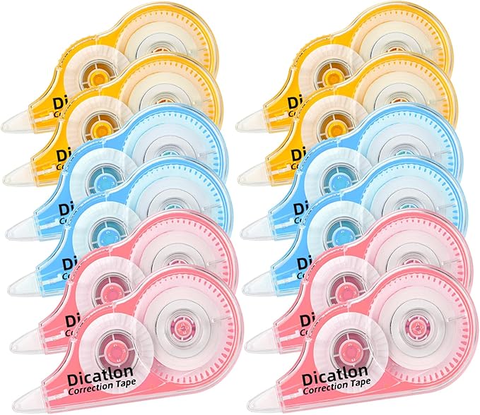 Dicatlon White Correction Tape 12 Pack, Easy Use Roller Applicator, Instant Dry, Jam Free PET Film, Smooth Precise Corrections for School, Office, Home