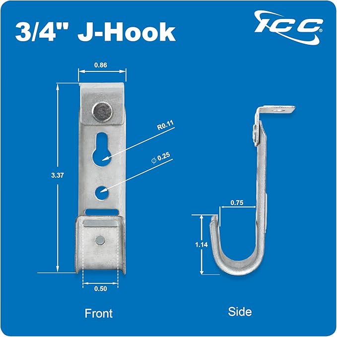ICC Ceiling Mount J Hook 3/4” Without Retainer Clip - Galvanized Steel Cable Management Hooks for Hanging Cable - Rust-Resistant, EIA and TIA Compliant - 3/4 Inch 25 Pack