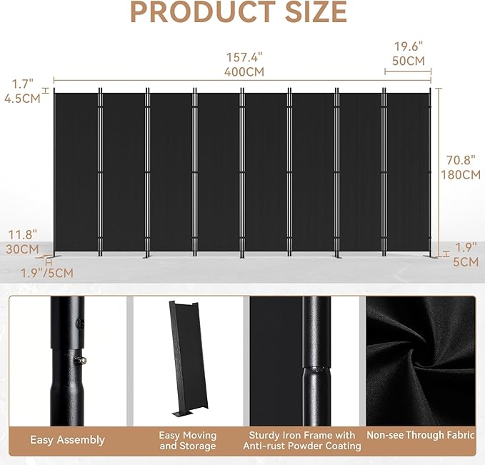 C-Hopetree 8 Panels Room Divider, 6 Ft Tall Indoor Folding Privacy Screen, Portable Partition Separator, Freestanding Separation Temporary Wall for Office, Bedroom, 160" W X 71" H, Black