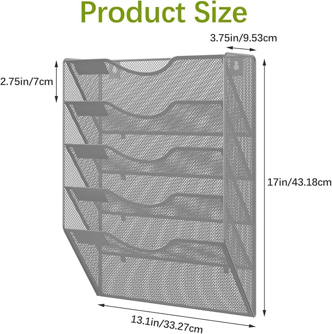 EasyPAG 5 Pocket Mesh Wall File Organizer, Hanging Paper Folder Holder with Classify Label, Vertical Wall Mount Mail Organizer for Office Home Classroom, Silver