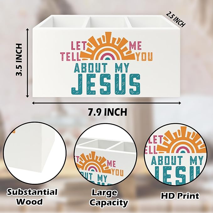 QZQE Boho Jesus Christian Pen Pencil Holder Organizer for Desk, Let Me Tell You about My Jesus Bible Verse Wooden Box Signs Decorations for Home Office Desk Tabletop