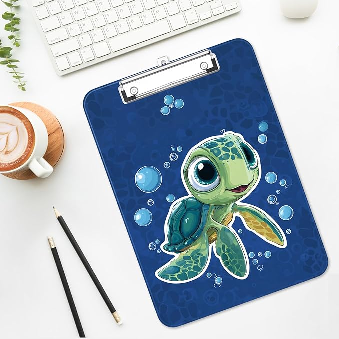 Luminzo Plastic Cute Clipboard Low-Profile Metal Clip, A4 Letter Size 9 x 12.5 in, 8.5 x 11 Paper Clip Board for Teachers, Nurses, Classroom,Cute Turtle