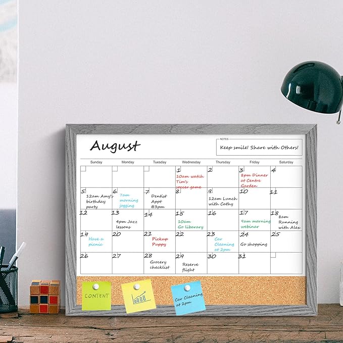 Calendar Whiteboard for Wall, 18x24 Inches Dry Erase Calendar Cork Board Combo, Magnetic Monthly White Board with Wood Framed, Hanging Dry Erase Board for Home Kitchen Office Planner Memo