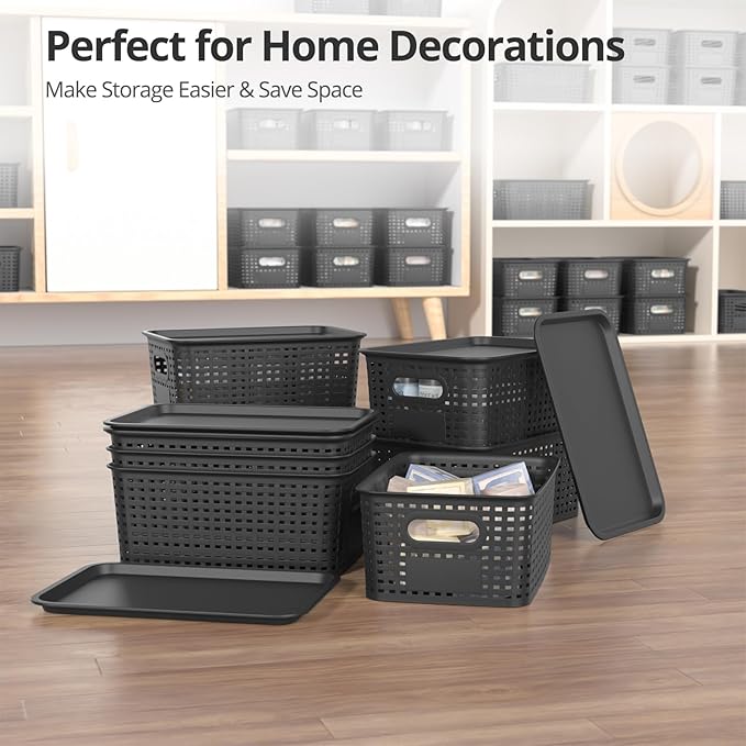 ZFTMRR Plastic Storage Basket with Lid, Stackable Small Box Bins for Organizing and Containers for Shelves Drawers Desktop Closet Playroom Pantry Classroom Office Home, 8 Pack 10.2x7.2x4.1 Inch, Black
