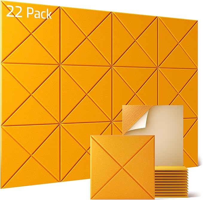 Sonicism 22 Pack X-Lined Acoustic Panels with Self-Adhesive, 12"X 12"X 0.4" Sound Proof Foam Panels, Decorative Soundproof Wall Panels, Sound Absorbing Tile for Home & Offices, Orange Yellow
