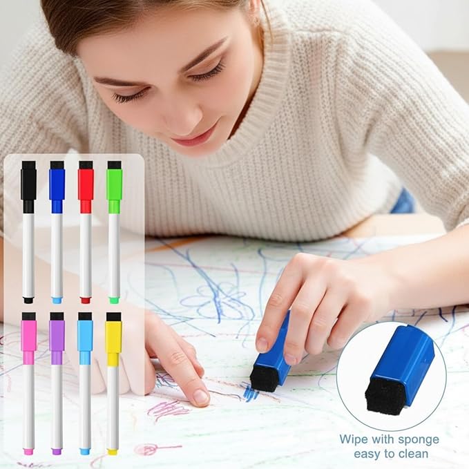 Kosiz 200 Pcs Magnetic Dry Erase Markers Fine Point Tip Whiteboard Markers with Eraser Cap Magnetic Dry Erase Pens Erasable Pens for Whiteboard Boards (Colorful)
