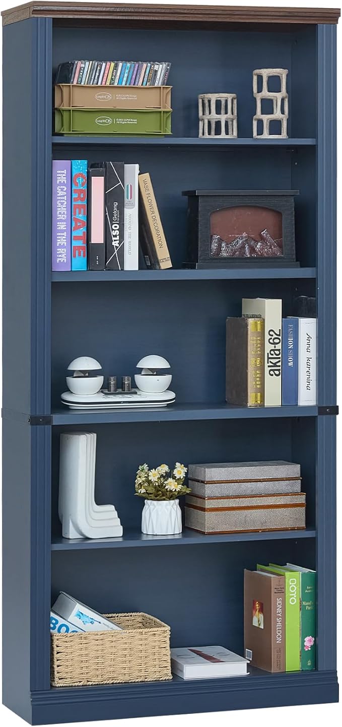 RWYHG 70" Blue Tall Bookshelf Set of 2,5-Tier Thick Wooden Book Shelf with Adjustable Shelves,Free Standing Farmhouse Bookcase with Open Display Storage,Floor Vintage Bookshelves for Living Room