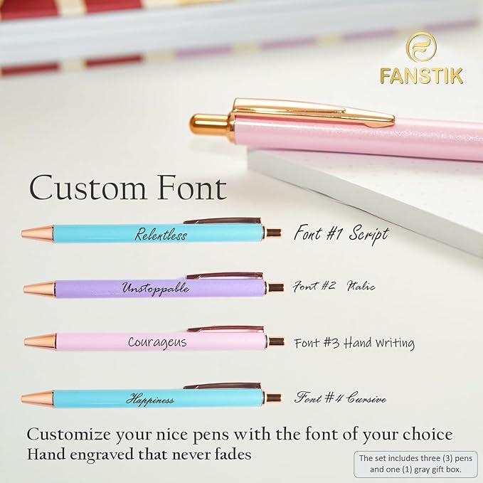 FANSTIK Customized BallPoint 3-pack pens set with name (MADE IN USA), Fancy Pen Set for Women, Thank you gift for woman, Luxury engraved pens personalized for women, (BallPoint Fancy Set)
