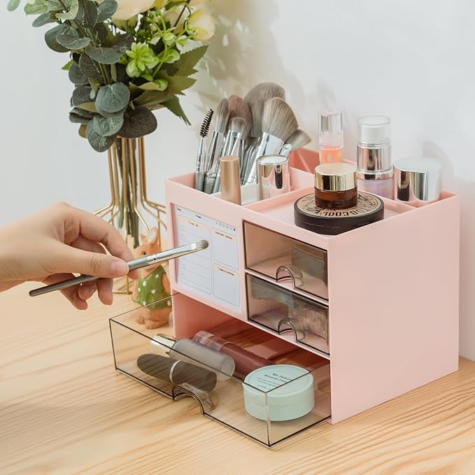 QIYVLOS Multi-Functional Desk Organizer with 3 Drawer and 8 Compartments, Pink