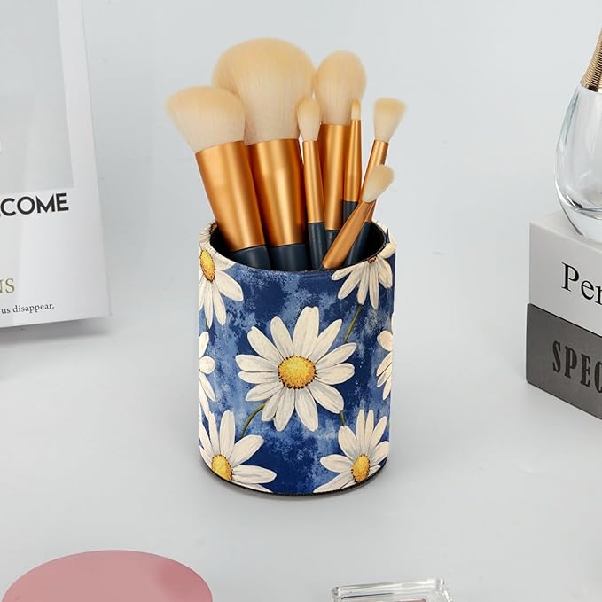 Leather Pen Holder for Desk, Colorful Aesthetic Flowers Pencil Cup Desktop Organizer Makeup Brush Holders Office Supplies for Home, Kids & School