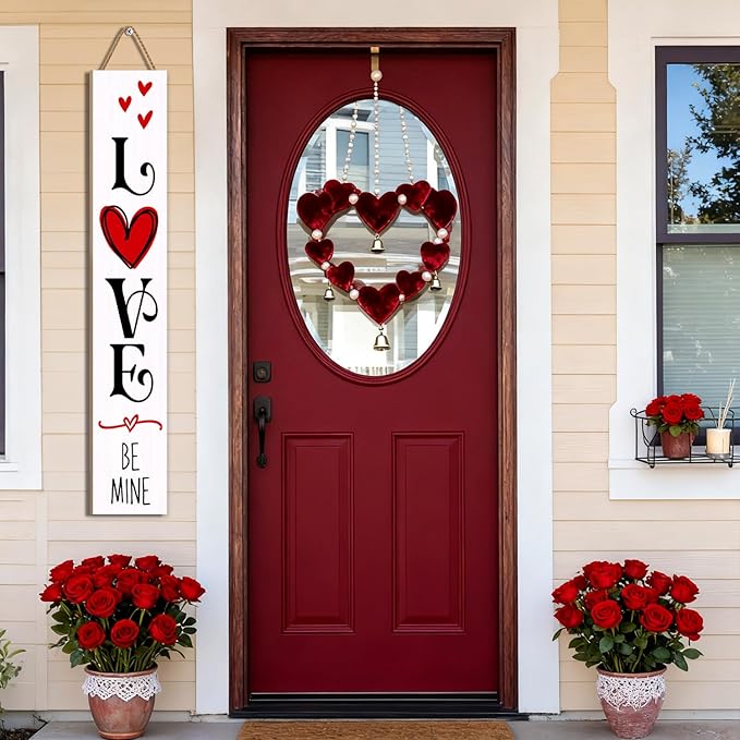 Valentine’s Day Porch Sign 47.2" Wooden “Love Be Mine” Hanging Signs, Romantic Heart Decor for Front Door, Porch, or Indoor Outdoor Valentine Party Decorations