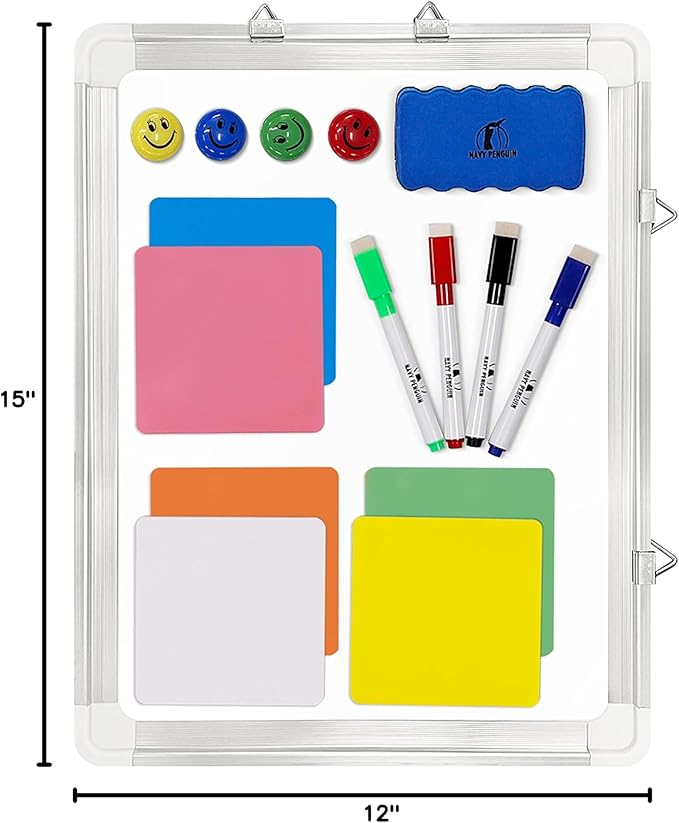 Whiteboard Set - White Board 15 x 12 in with 1 Dry Erase Eraser, 4 Dry Wipe Markers, 4 Magnets and 6 Magnetic Labels - Small Wall Hanging Reminder Magnetic Board for Home, Office, Cubicle and Desk