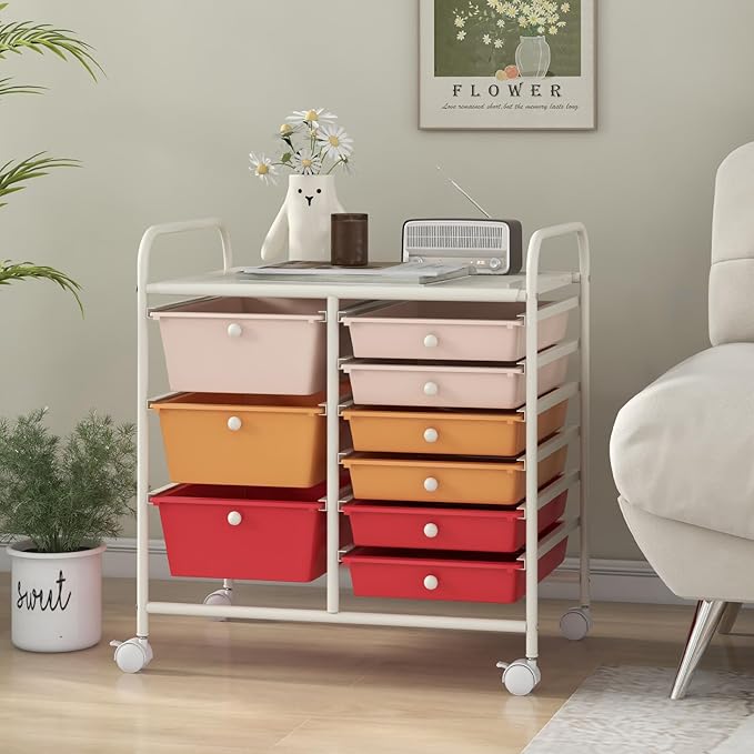 LDAILY 9 Drawer Rolling Storage Cart, Rolling Cart with Drawers for Classroom, Art Supply Craft Organizer on Wheel with Metal Frame & Handles for Home Office School