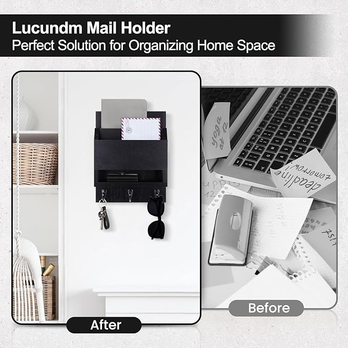 Lucundm Key and Mail Holder for Wall, Key Holder with Chalkboard and Long Storage Box, Key Hanger with 3 Sturdy Hooks for Coat, Dog Leash, Entryway Mail Organizer (Black)
