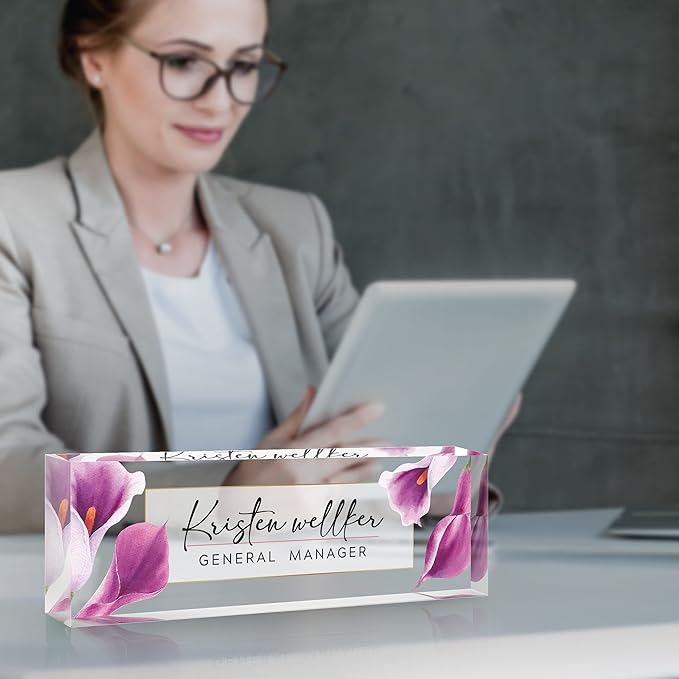 Custom Name Plate for Desk, Desk Name Plate Personalized, Office Decor for Women Men, Acrylic Desktop Accessories, Office Gifts for Coworkers Boss Teacher, Employee Appreciation Gifts (Purple Calla)