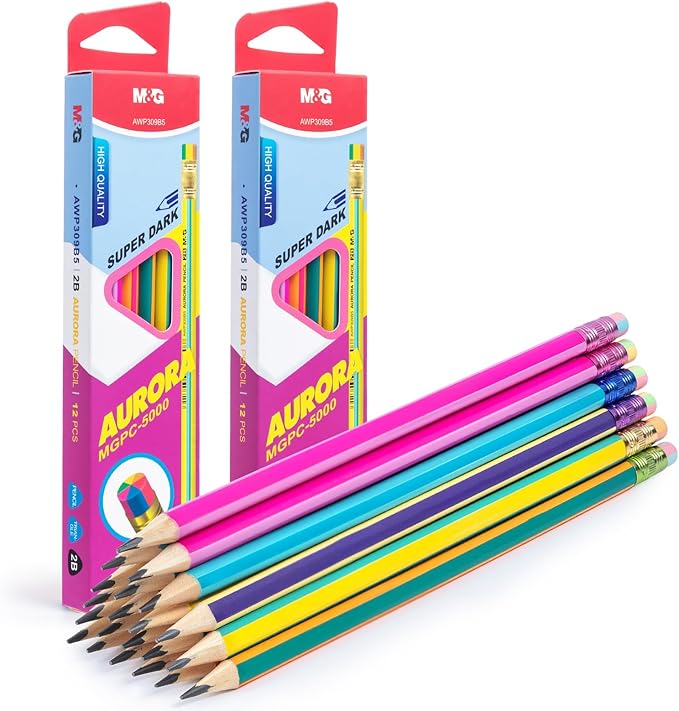 M&G Aurora Series 24 Pack 2B Triangular Wood-Cased Pencils, Pre-Sharpened with Erasers, Smooth Writing Break-Resistant Core, 6 Two-Tone Striped Colors for School Office Drawing Classroom Supplies