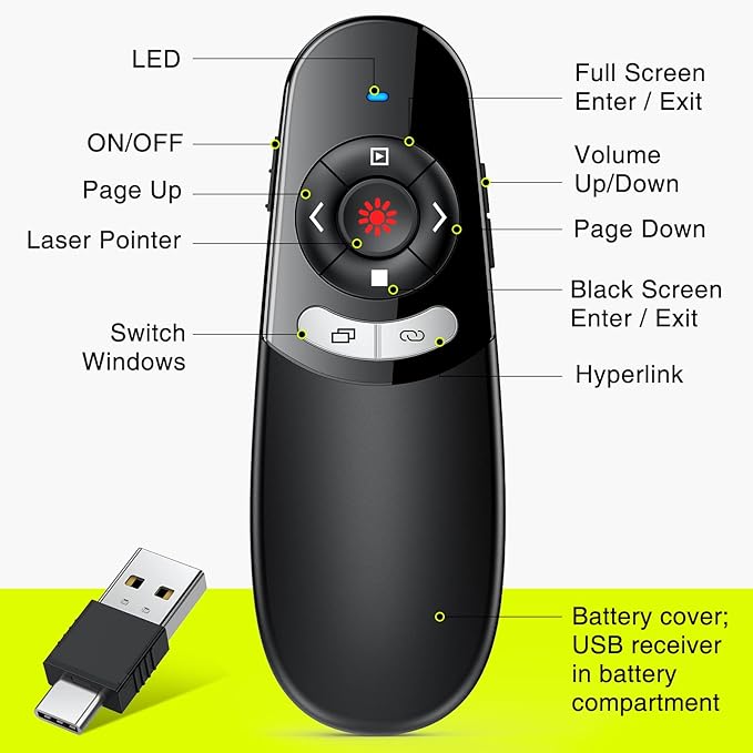2 in 1 USB Type C Presentation Clicker with Red Light Pointer, Wireless Presenter for PowerPoint Presentation PPT Clicker, 2.4GHz Presenter Remote Slide Advancer for MacBook/Computer/Laptop