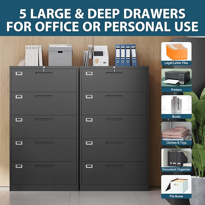 MIIIKO Lateral File Cabinet with Lock, 5 Drawer Metal File Cabinets 35.4" Wide, Home Office Locking Filing Cabinets for Legal Letter File Folders