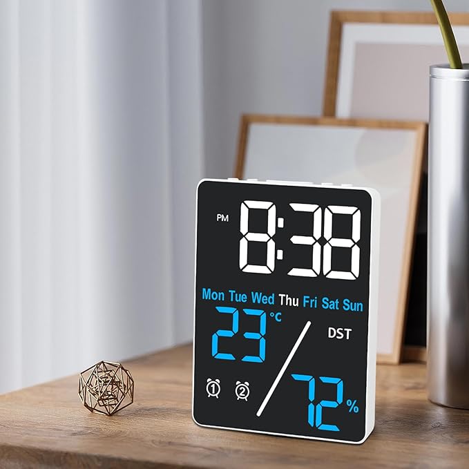 Kytree Digital Room Thermometer Hygrometer Alarm Clock, 5.9 inch Desktop Accurate Humidity Temperature Monitor Meter for Indoor Outdoor Kitchen Office Bedroom Livingroom (Battery Not Included)
